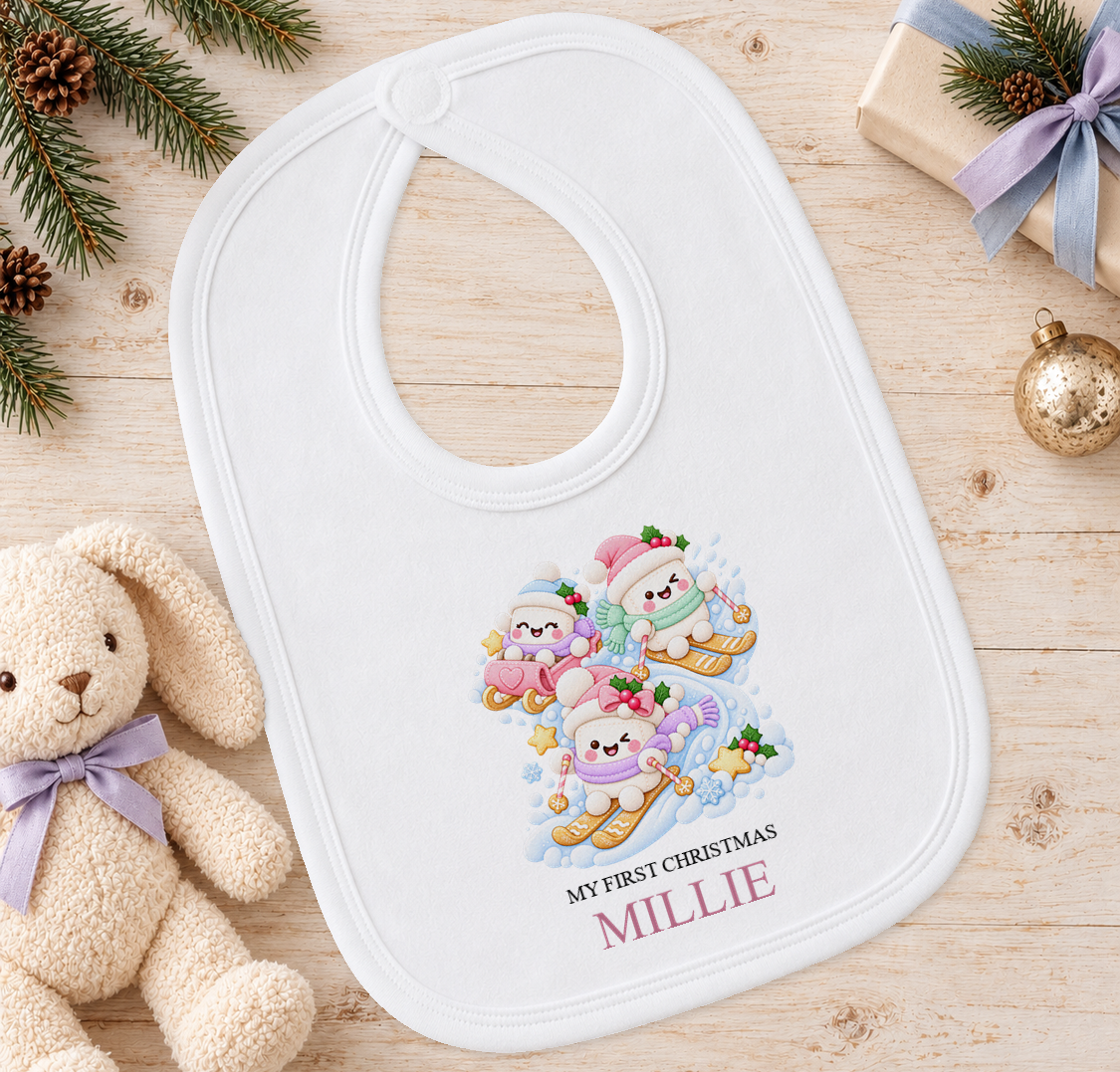 Personalised Snowman Ski Day baby Christmas bib with a custom name