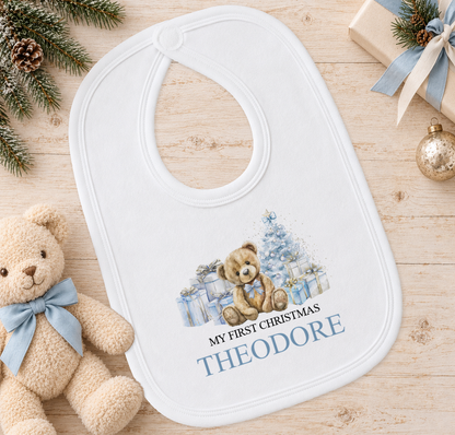 Personalised Blue Teddy and Presents baby Christmas bib with a custom name