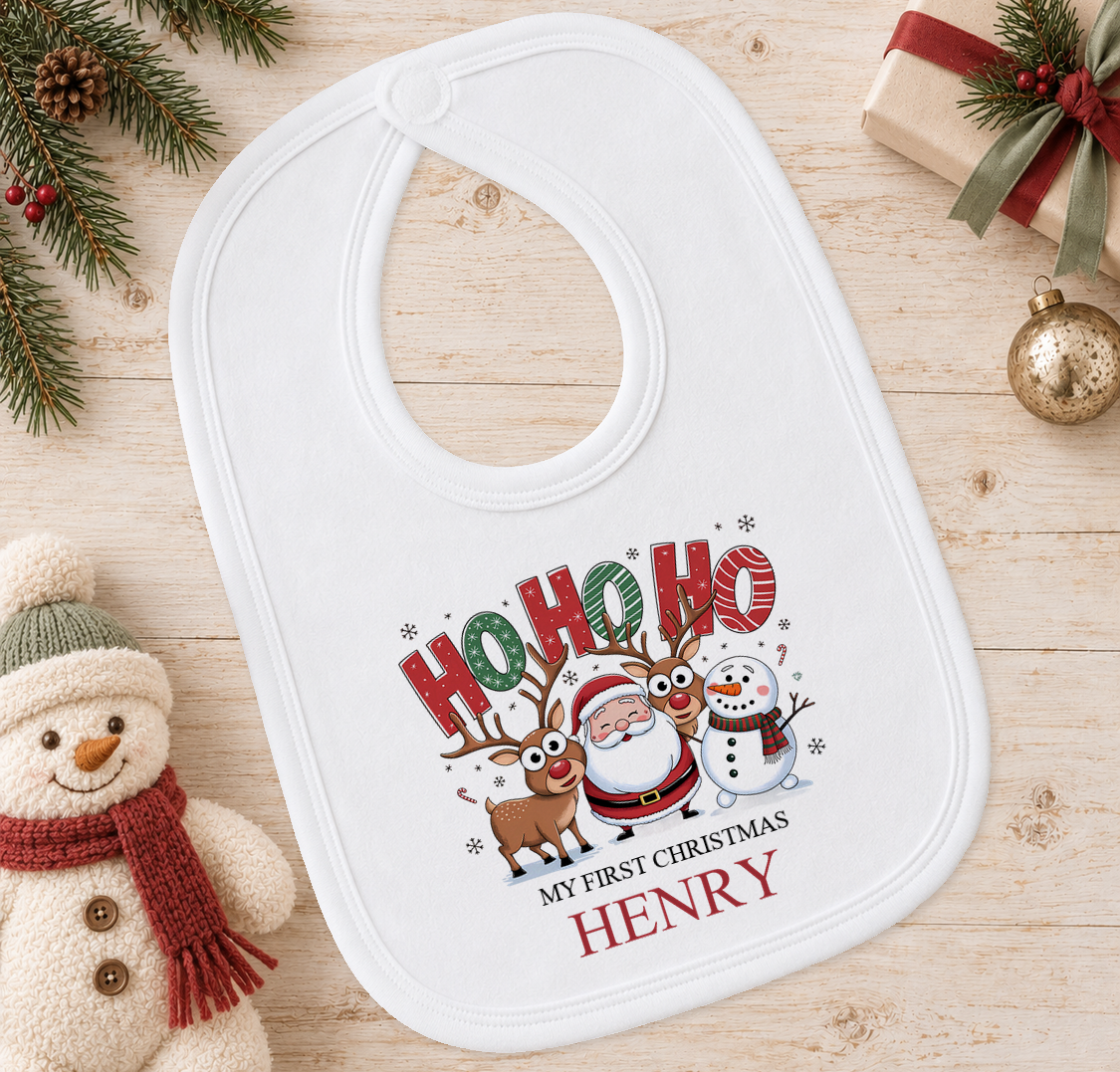 Personalised Ho Ho Ho baby Christmas bib with a custom name