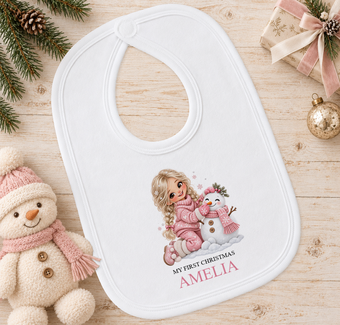 Personalised Blonde Girl and Snowman baby Christmas bib with a custom name