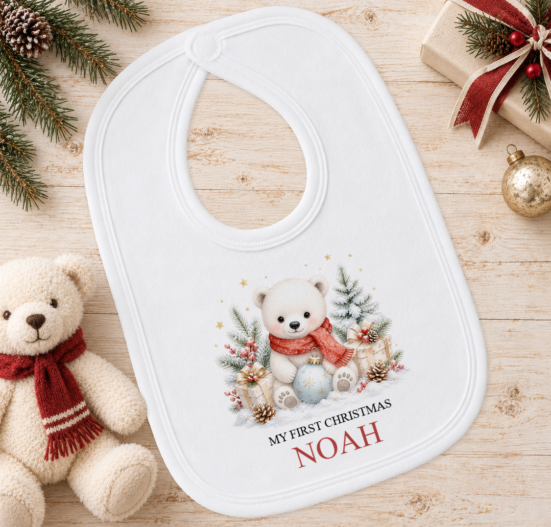 Personalised Polar Bear in Red Scarf baby Christmas bib with a custom name