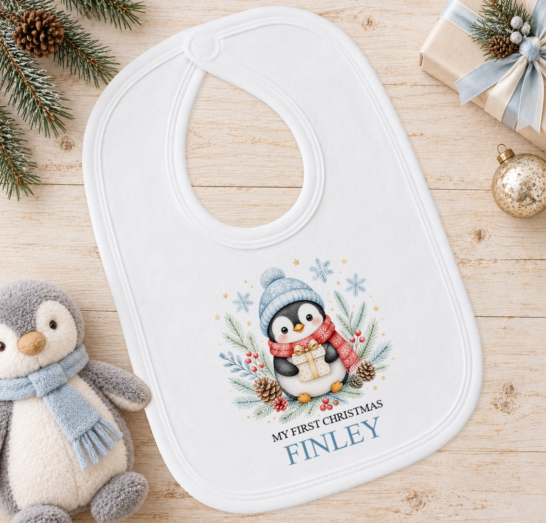 Personalised Penguin with Present baby Christmas bib with a custom name