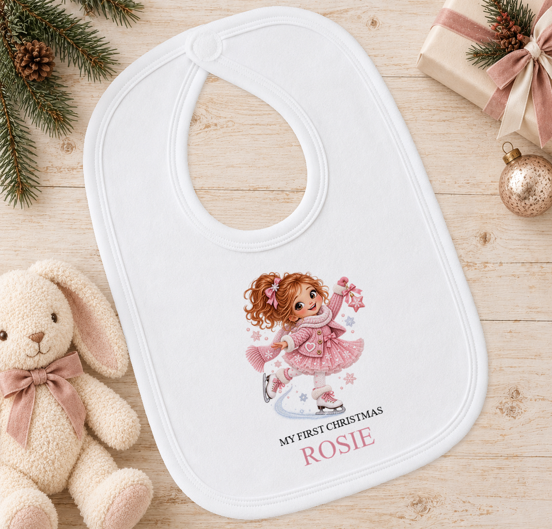 Personalised Ice Skating Girl baby Christmas bib with a custom name