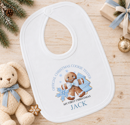 Personalised Blue Cookie Tester baby Christmas bib with a custom name