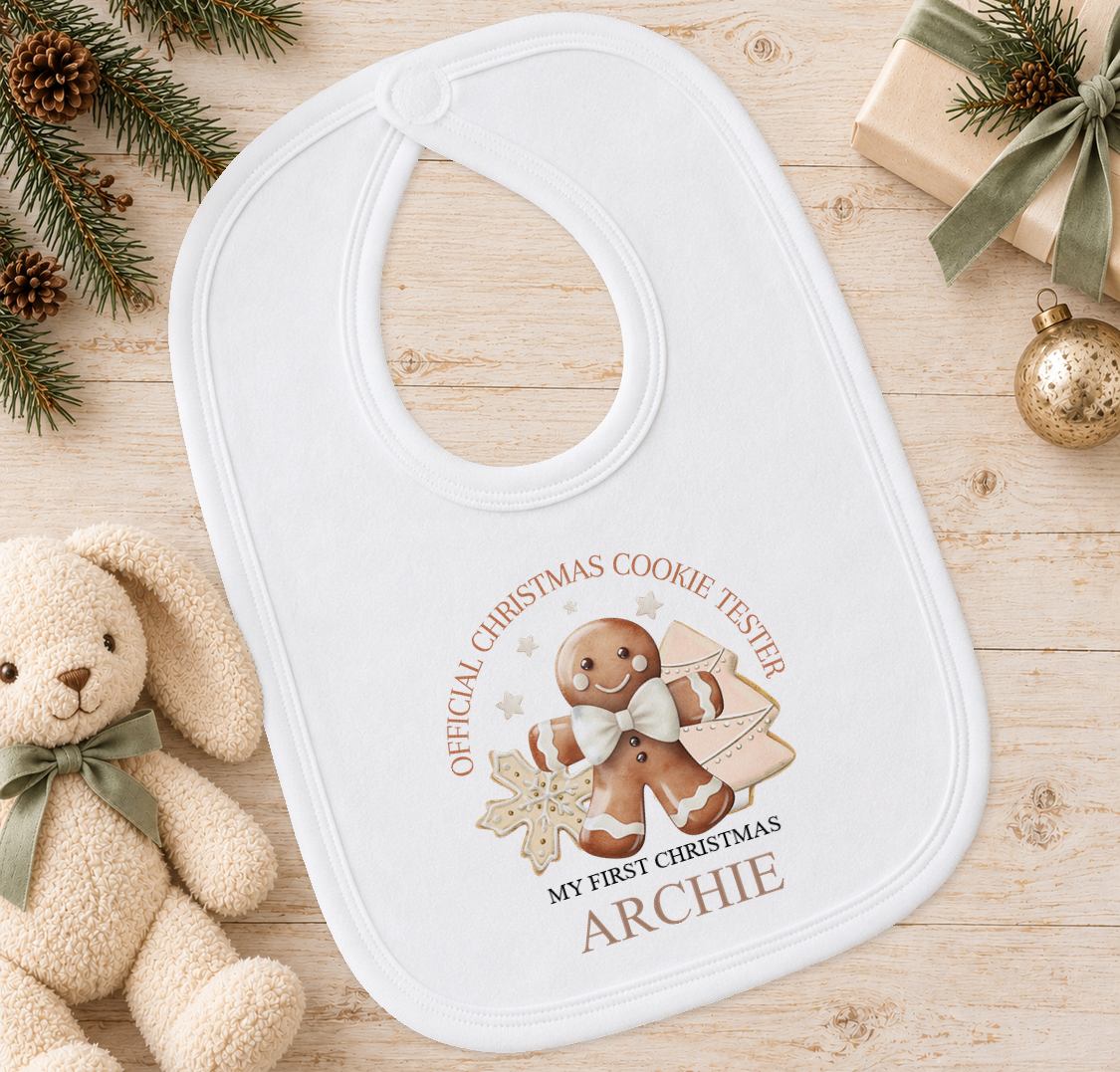 Personalised Classic Cookie Tester baby Christmas bib with a custom name