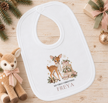 Personalised Fawn and Gift Stack baby Christmas bib with a custom name