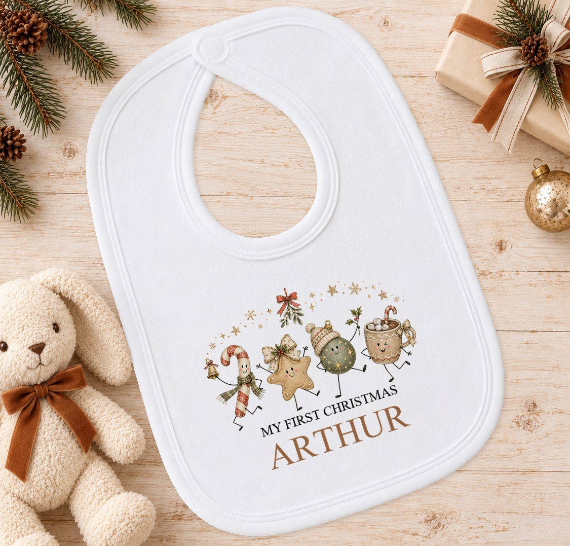 Personalised Festive Friends baby Christmas bib with a custom name