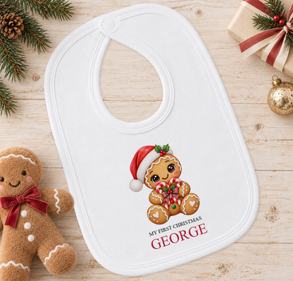 Personalised Gingerbread Candy Cane Heart baby Christmas bib with a custom name