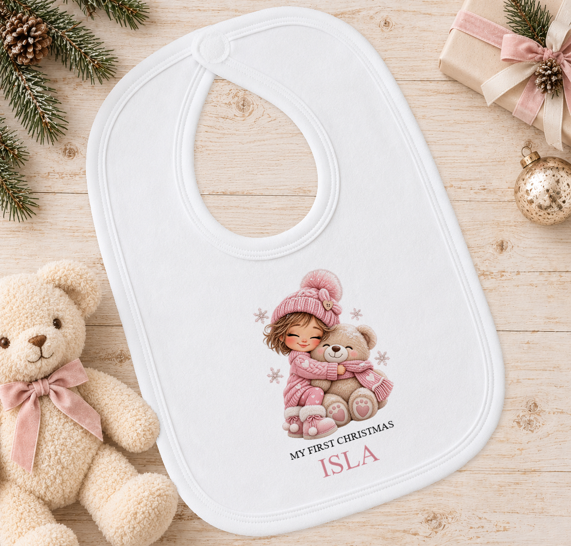 Personalised Girl Hugging Teddy baby Christmas bib with a custom name