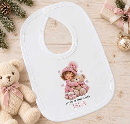 Personalised Girl Hugging Teddy baby Christmas bib with a custom name