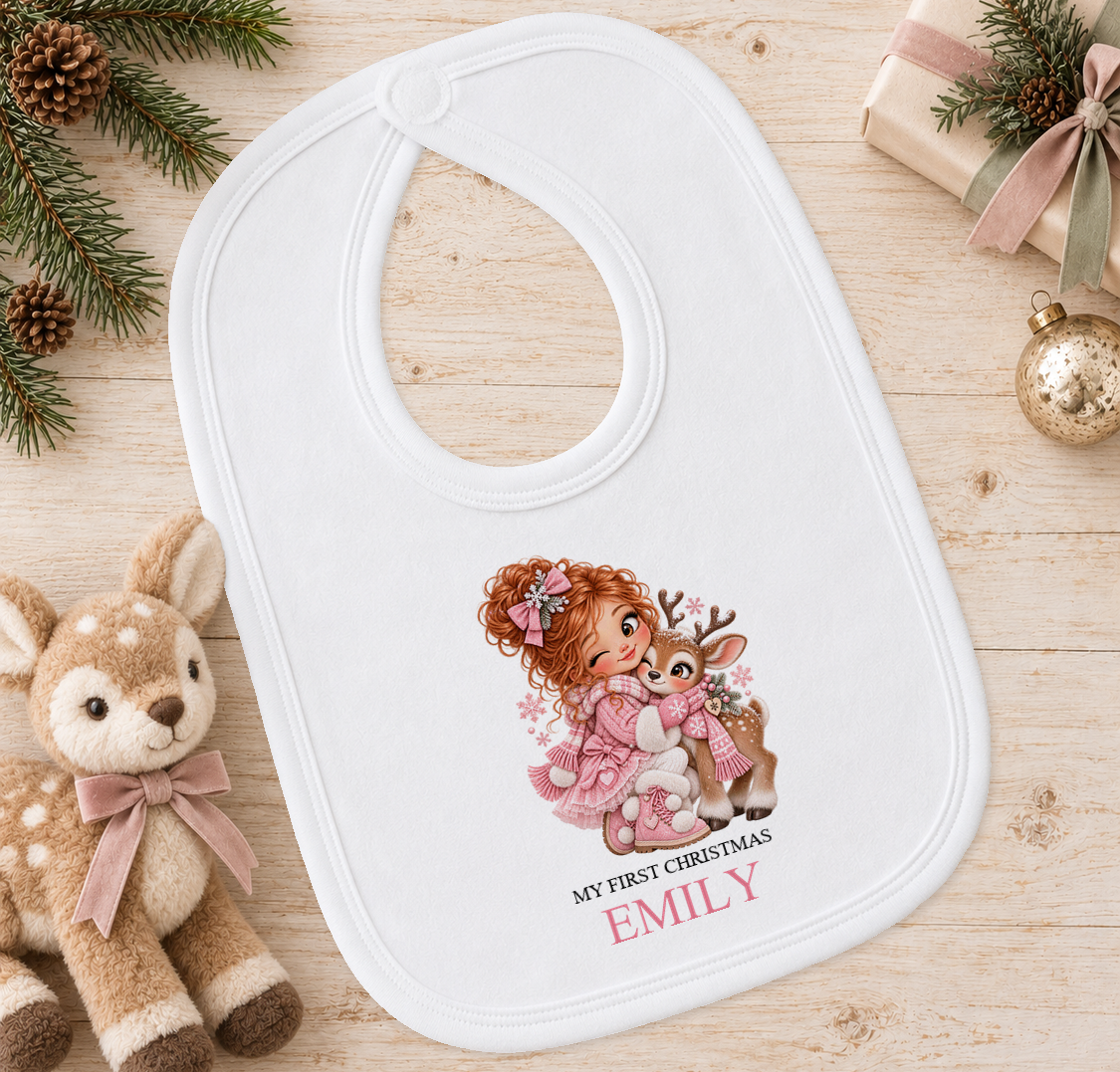 Personalised Girl Hugging Reindeer baby Christmas bib with a custom name
