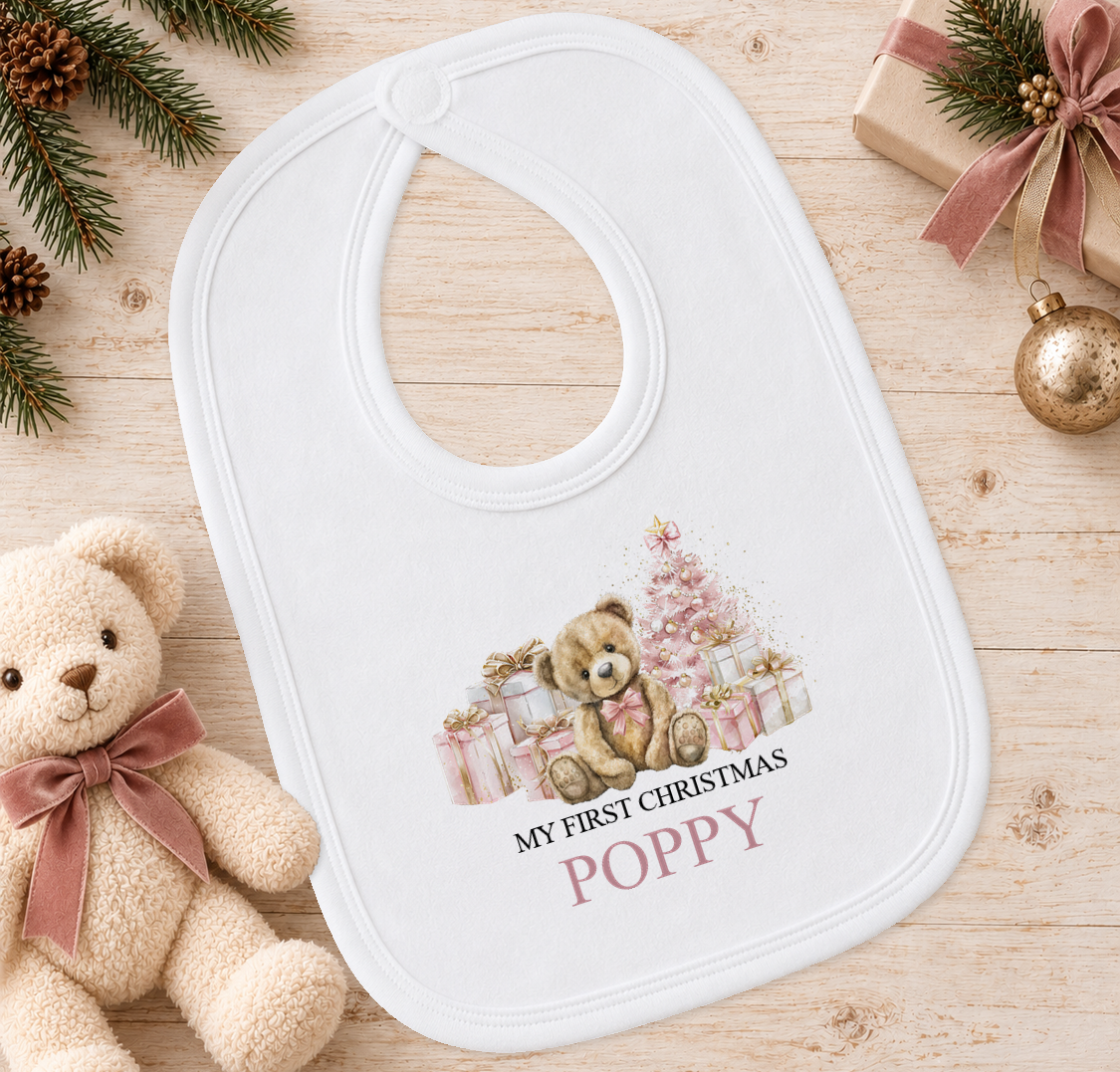 Personalised Pink Teddy and Presents baby Christmas bib with a custom name