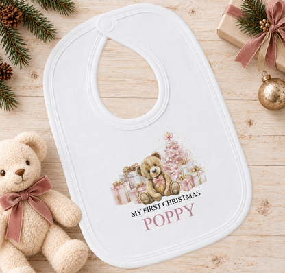 Personalised Pink Teddy and Presents baby Christmas bib with a custom name