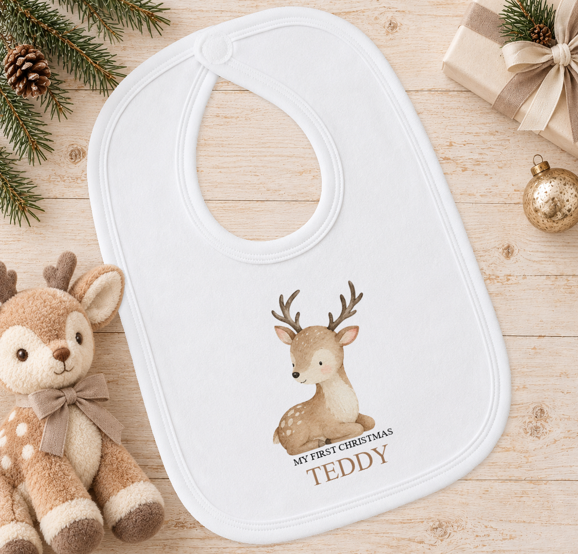 Personalised Baby Reindeer baby Christmas bib with a custom name