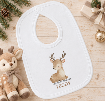 Personalised Baby Reindeer baby Christmas bib with a custom name