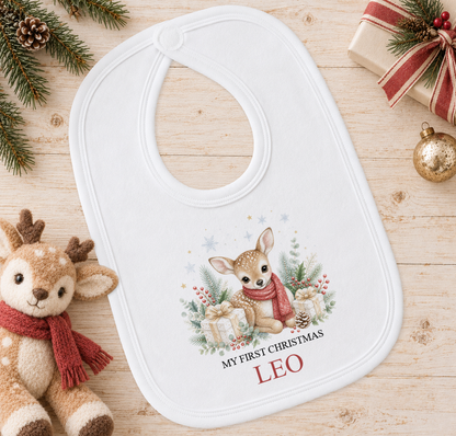 Personalised Baby Deer Red Scarf baby Christmas bib with a custom name