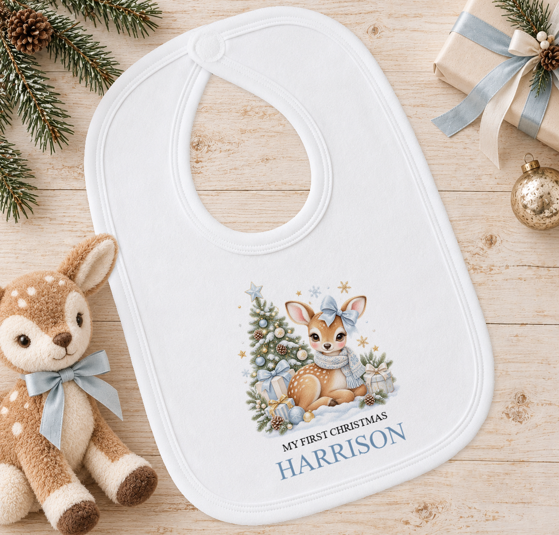 Personalised Blue Bow Fawn baby Christmas bib with a custom name