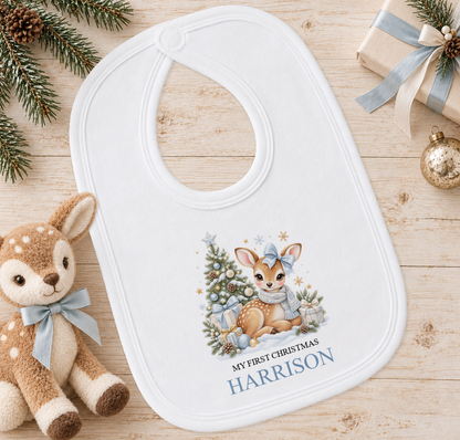 Personalised Blue Bow Fawn baby Christmas bib with a custom name