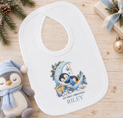 Personalised Sleepy Penguin Moon baby Christmas bib with a custom name