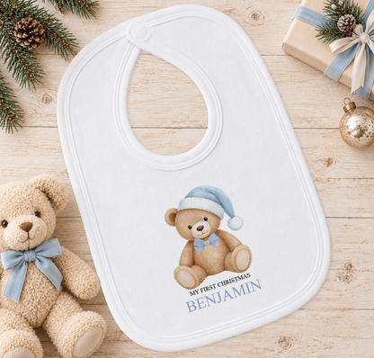 Personalised Blue Hat Teddy baby Christmas bib with a custom name