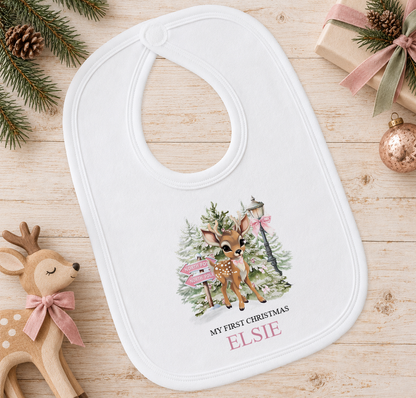 Personalised North Pole Fawn Pink Bow baby Christmas bib with a custom name