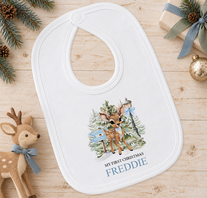 Personalised North Pole Fawn Blue Bow baby Christmas bib with a custom name