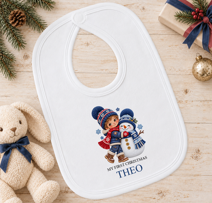 Personalised Boy Hugging Snowman baby Christmas bib with a custom name