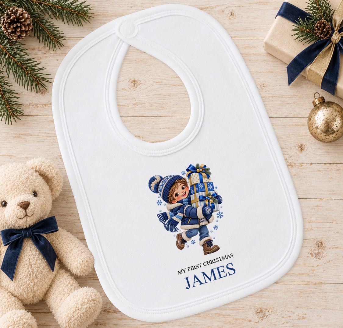 Personalised Boy with Presents baby Christmas bib with a custom name