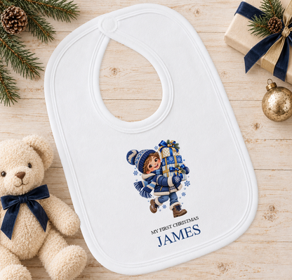 Personalised Boy with Presents baby Christmas bib with a custom name