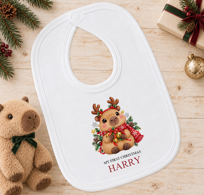 Personalised Capybara Reindeer baby Christmas bib with a custom name