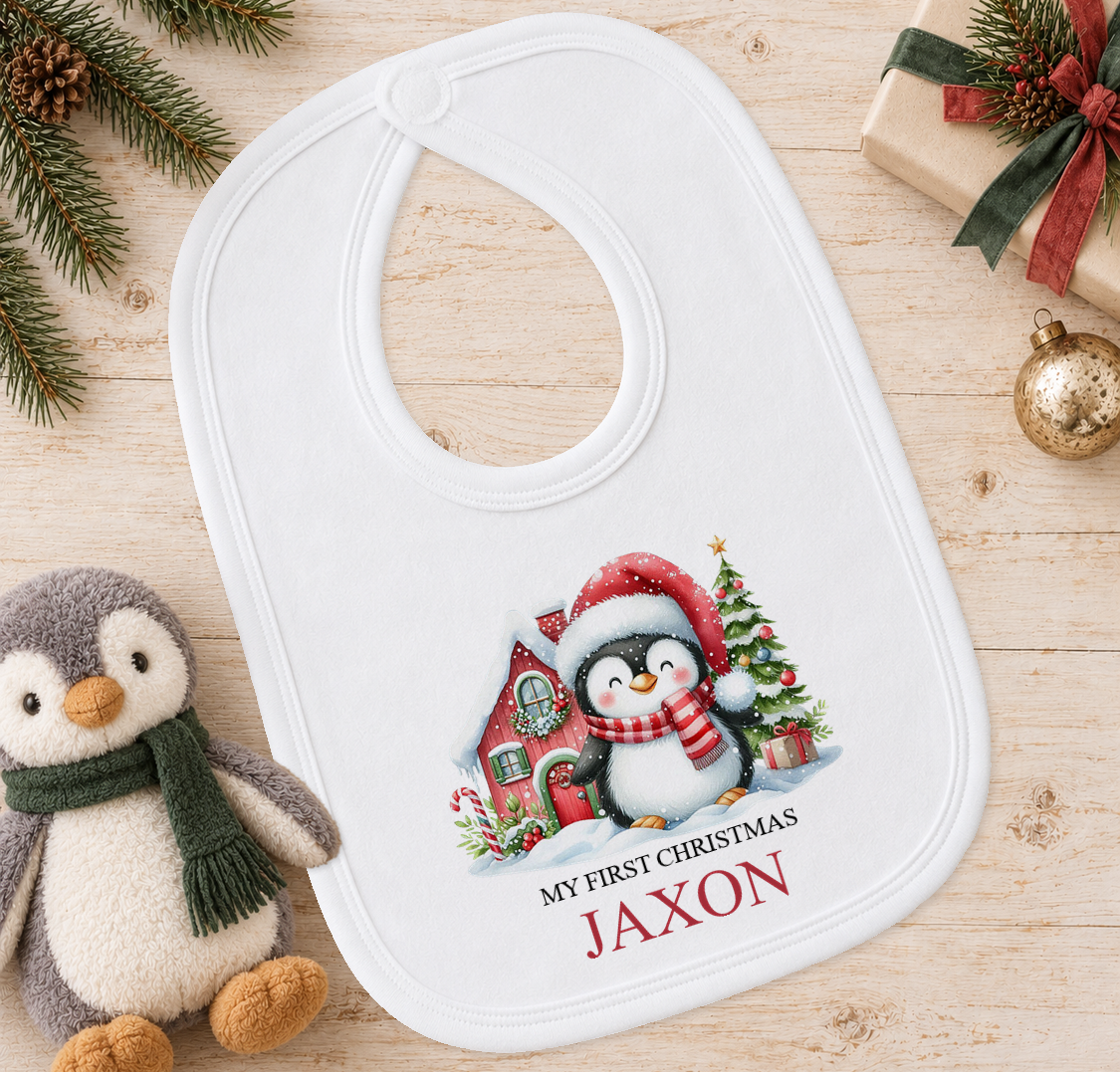 Personalised Santa Hat Penguin baby Christmas bib with a custom name