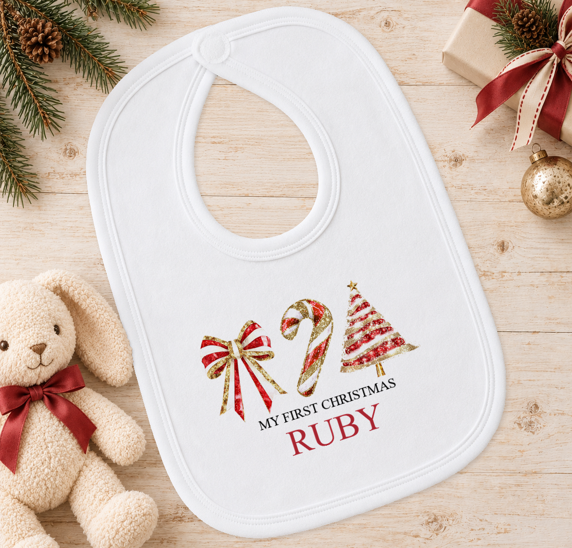 Personalised Bow, Candy Cane and Tree baby Christmas bib with a custom name