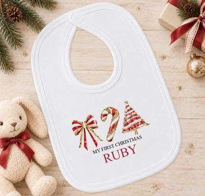 Personalised Bow, Candy Cane and Tree baby Christmas bib with a custom name