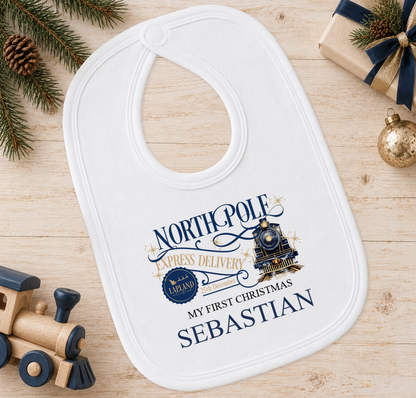 Personalised North Pole Express Navy Train baby Christmas bib with a custom name