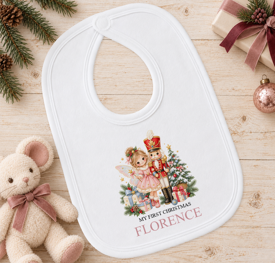 Personalised Fairy and Nutcracker baby Christmas bib with a custom name