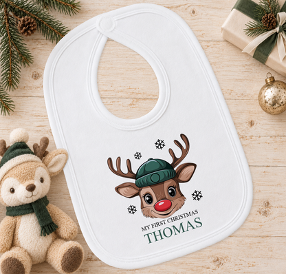 Personalised Reindeer Face Beanie baby Christmas bib with a custom name