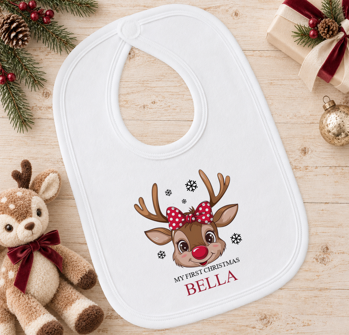 Personalised Reindeer Face Polka Bow baby Christmas bib with a custom name