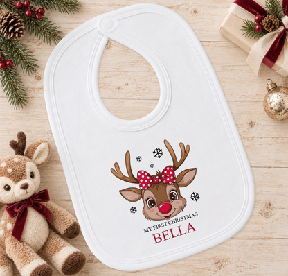 Personalised Reindeer Face Polka Bow baby Christmas bib with a custom name