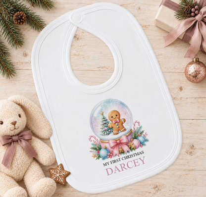 Personalised Gingerbread Snow Globe baby Christmas bib with a custom name