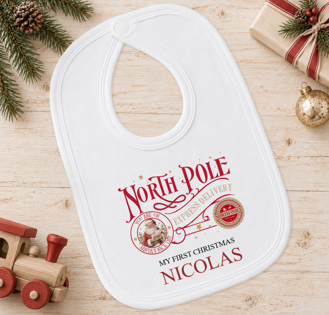 Personalised North Pole Express Santa Stamp baby Christmas bib with a custom name