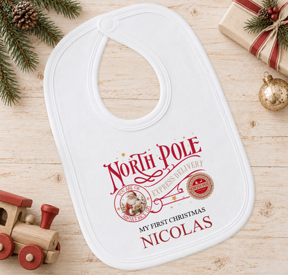Personalised North Pole Express Santa Stamp baby Christmas bib with a custom name