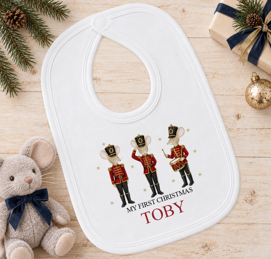 Personalised Nutcracker Mice baby Christmas bib with a custom name