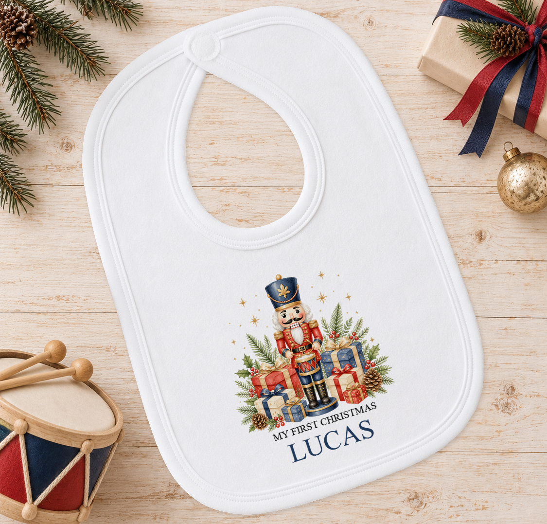 Personalised Nutcracker Drummer baby Christmas bib with a custom name