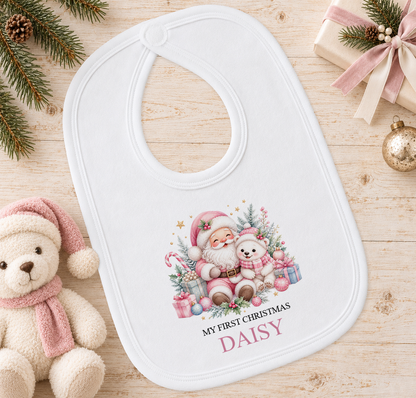 Personalised Pink Santa and Polar Bear baby Christmas bib with a custom name