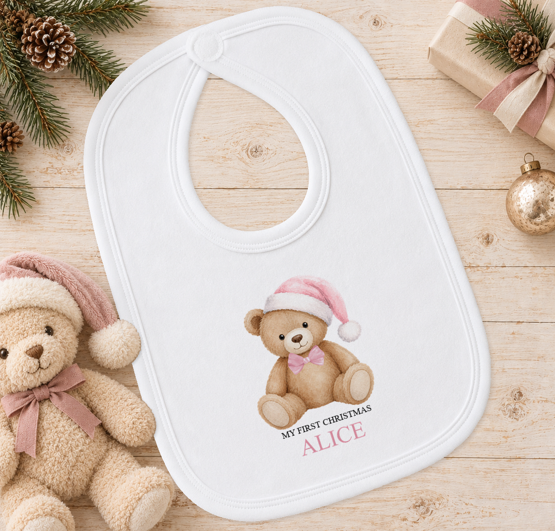 Personalised Pink Hat Teddy baby Christmas bib with a custom name