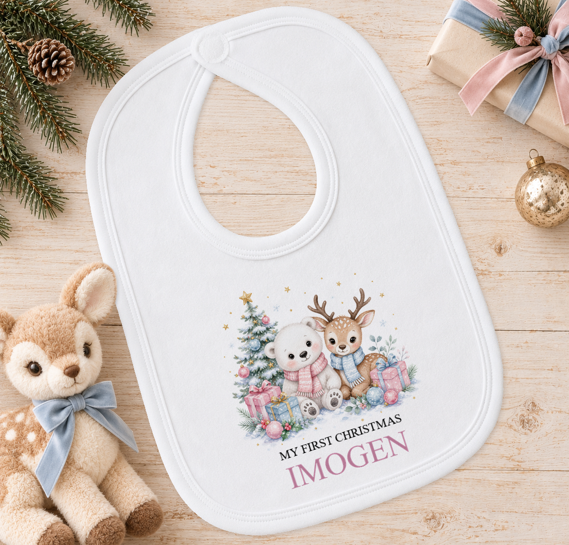 Personalised Polar Bear and Fawn Friends baby Christmas bib with a custom name