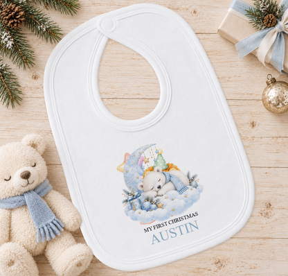 Personalised Sleepy Polar Bear baby Christmas bib with a custom name