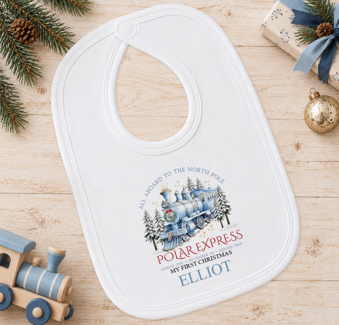 Personalised All Aboard North Pole Train Blue baby Christmas bib with a custom name