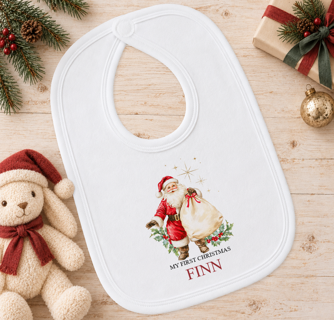 Personalised Vintage Father Christmas baby Christmas bib with a custom name