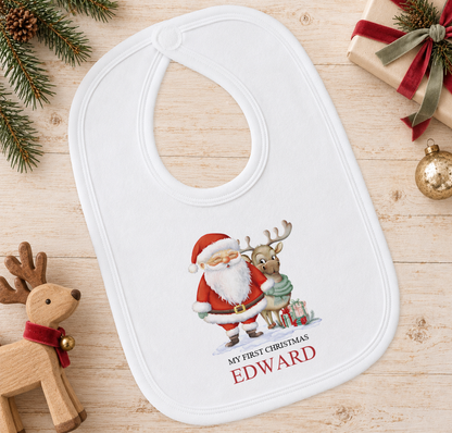 Personalised Santa and Reindeer baby Christmas bib with a custom name